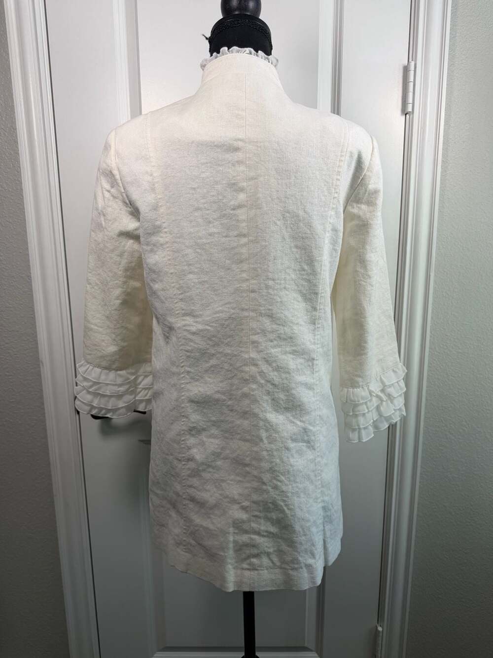 Multiples Ivory Linen Blend Ruffle Trim Mock Neck Coat Jacket Size S - Picture 4 of 6